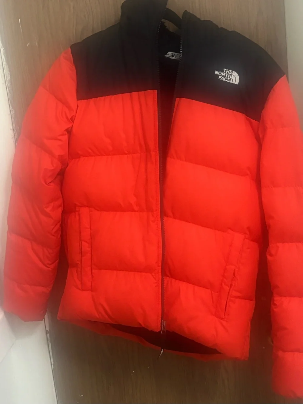 The North Face Orange-Red and Black Puffer Jacket